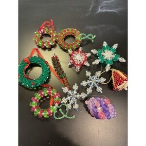 Lot Of 10 Vtg Hand Beaded Christmas Ornaments Plastic Snowflakes Wreaths